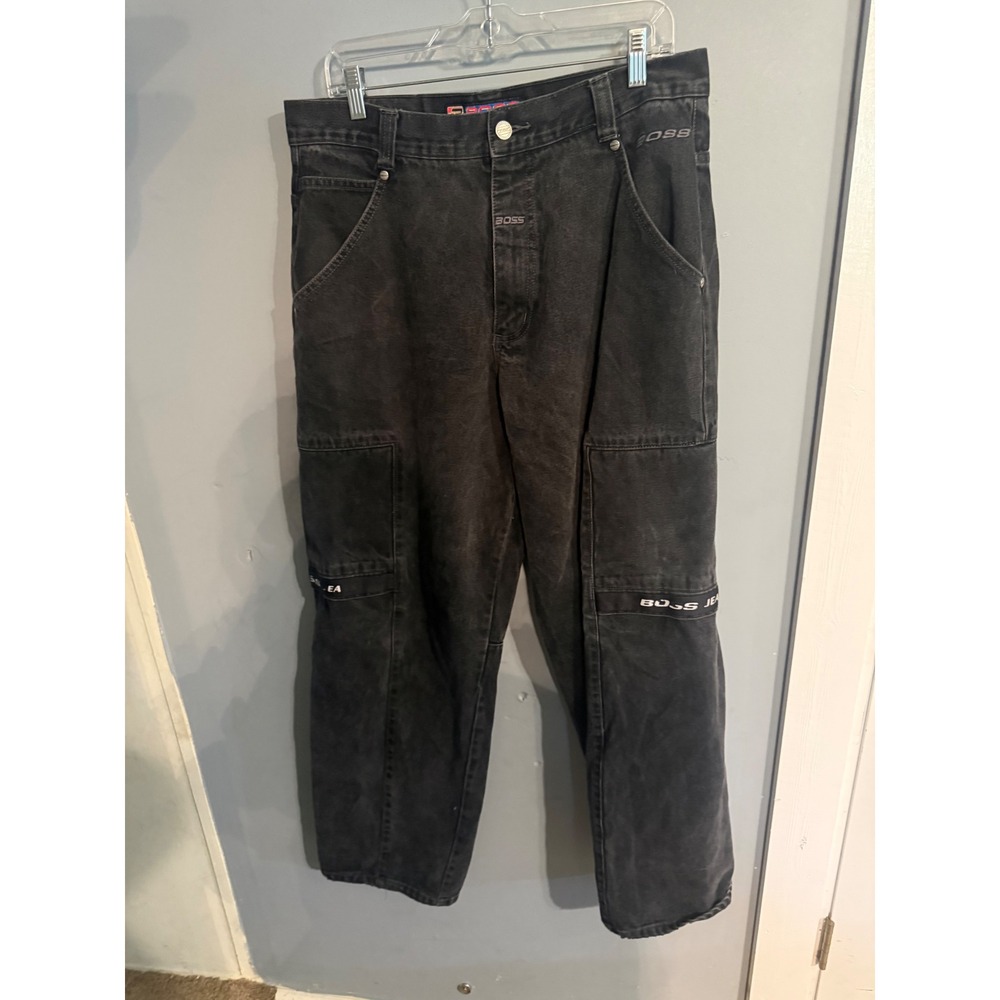 Vintage BOSS IG Y2K Strap Spellout Reflective Baggy Skater Black Jeans 36x31
